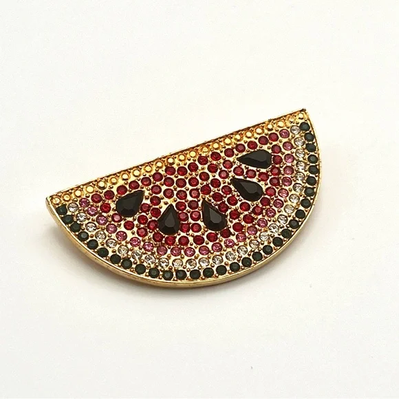 Vintage Carlisle Signed Swarovski Rhinestone Red Pink Gold Watermelon Brooch - Picture 2 of 10